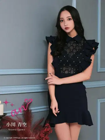 an 고급 카라 부착 데콜테 시스루 비쥬 허리 절개 프릴 드레스