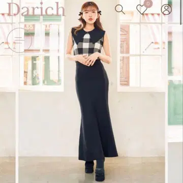 [당일 배송] Darich 빅 칼라 깅엄 체크 니트 롱 원피스 F-S