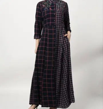 Desigual 데시구알 체크 무늬 긴팔 맥시 셔츠 원피스