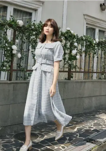 헤르립토 클래식 트위드 벨트 드레스