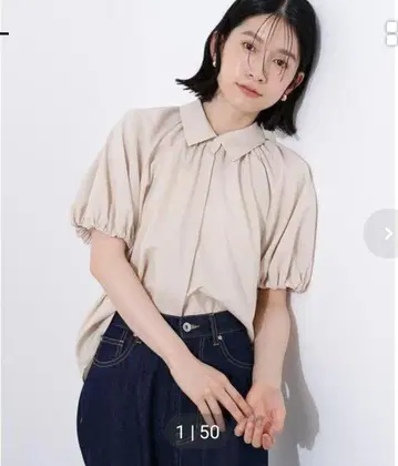 엔 내추럴 뷰티 베이직 벌룬 슬리브 블라우스 베이지