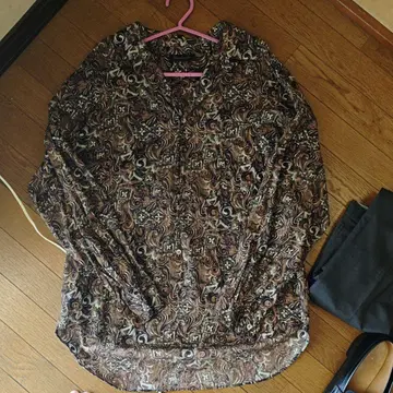 구제 의류 올 패턴 긴팔 오픈 카라 셔츠 마 혼방 XL 상당 브라운 계열