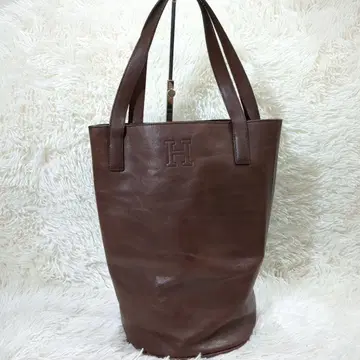 HIROFU HIROFU H 로고 가죽 버킷 토트 브라운 핸드백