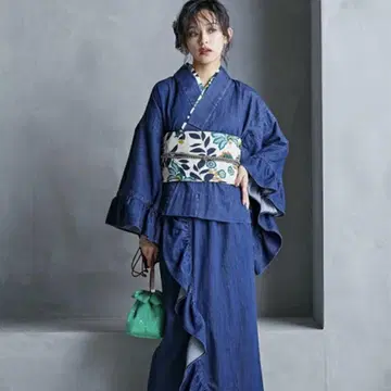 유카타 2부식 오비 포함 데님 네이비 L~LL