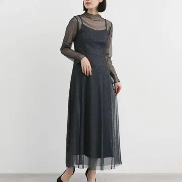 kaene 라메 튤 멜로우 원피스 긴팔 36 사이즈 블랙 실버