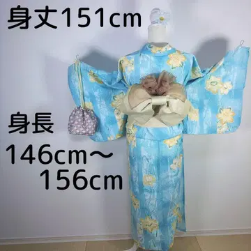 여성용 유카타 세트 기장 151cm 스카이블루 블루 꽃무늬 오비