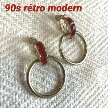 90s 금 후프 귀걸이 빨간색 큐빅 6개 모던 코스튬 주얼리