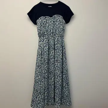 OLIVE des OLIVE 반팔 롱 원피스 네이비 꽃무늬 절개 리본
