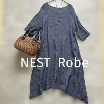 nest Robe 네스트로브 7부 소매 원피스 린넨 100% 네이비 체크