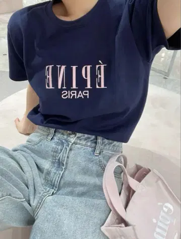 epine 티셔츠 자수 티 네이비 핑크