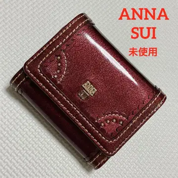 미사용 ANNA SUI 안나수이 3단 폴더형 지갑 패턴트 레더 버건디