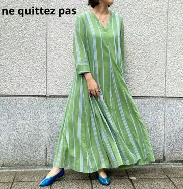 누키테파 코튼 스트라이프 V넥 드레스 그린 원피스