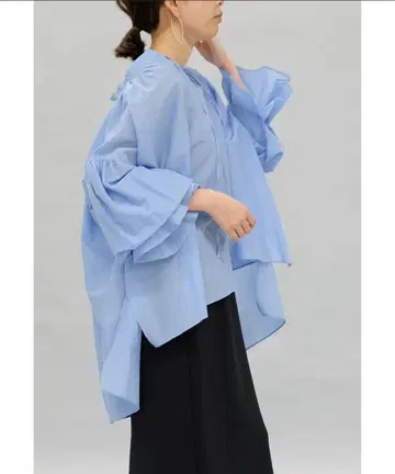 실크 코튼 개더 블라우스/블루