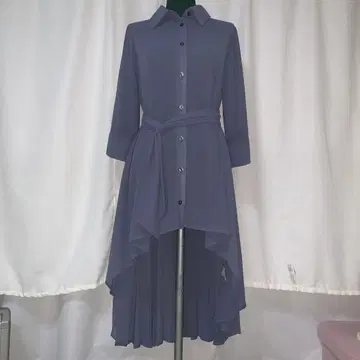 그레이 긴팔 셔츠 원피스 하이 로우 헴