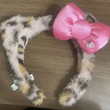 키티 레오파드 무늬 핑크 리본 머리띠