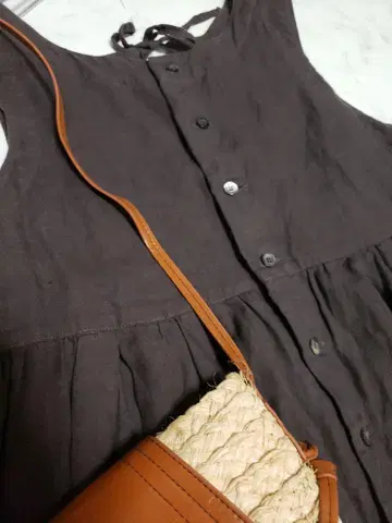 네스트로브 nest Robe 린넨 백 버튼 리본 플레어 원피스