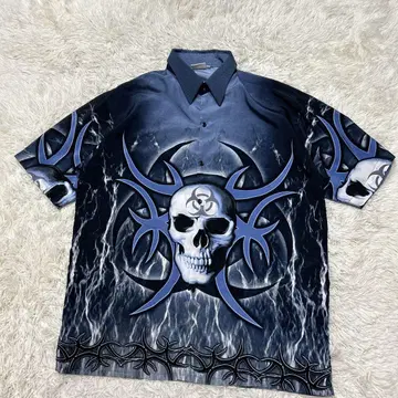FIRE SKULL 해골 프린트 반팔 셔츠 화려한 무늬 y2k 구제 의류
