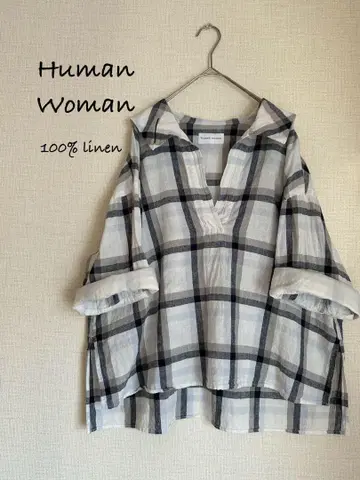 Human Woman 100% 린넨 체크 무늬 셔츠