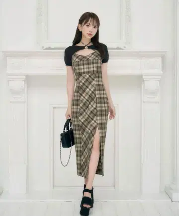 미셸 마카롱 앙상블 체크 원피스 베이지 FreeSize