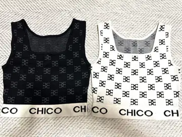chico 올 패턴 밑단 로고 크롭 탱크탑 블랙 화이트 세트
