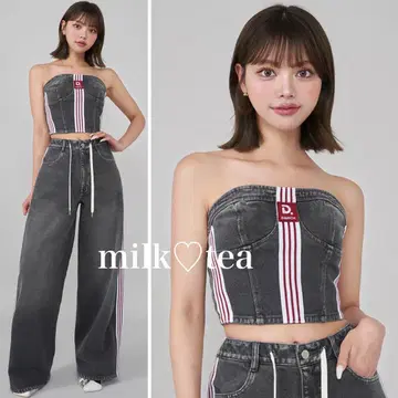 택 포함 새상품 다리치 리메이크 데님 베어 탑 블랙