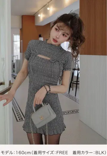 리본 셔링 깅엄 미니 원피스