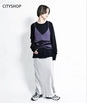 CITYSHOP 새틴 실버 롱 스커트 M 38 플레어 광택 실버