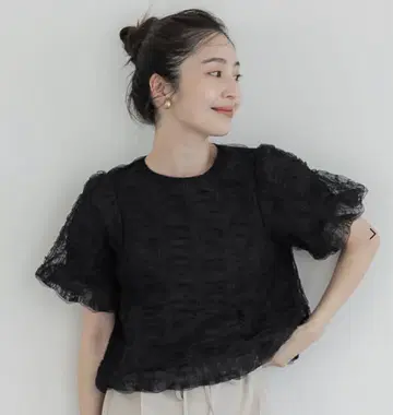 coca 튤 레이스 개더 상의 블랙 L 사이즈