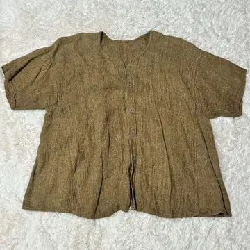 요건 레일 린넨 100% 프론트 오픈 브라운 반팔 셔츠