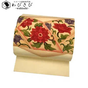 나고야 오비 시오제 선명한 색채의 꽃무늬 패턴 연한 달걀색 O-3190
