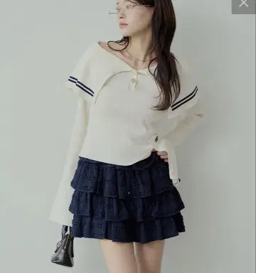 chico 플레어 스커트 레이스 티어드 숏 팬츠 네이비
