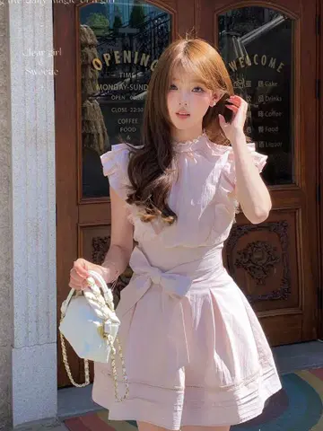 핑크 프릴 리본 블라우스 셋업