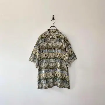 구제 의류 알로하 셔츠 레이온 하와이안 훌라 걸 야자수 카키 XL