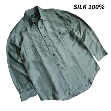 실크 100% 더블 플랩 긴팔 셔츠, 그린 계열 68869
