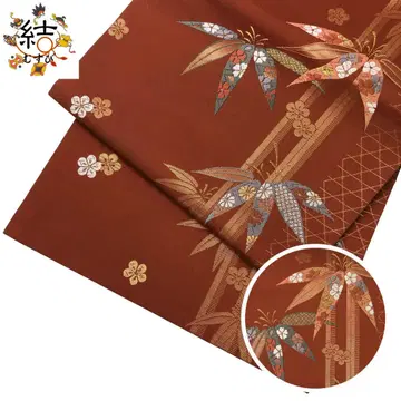 MO-3470 나고야 오비 대나무에 꽃 무늬 매실꽃 황토색