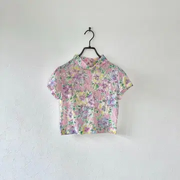구제 의류 레이스 티셔츠 하이넥 꽃무늬 컬러풀 레트로 시어 M 배꼽