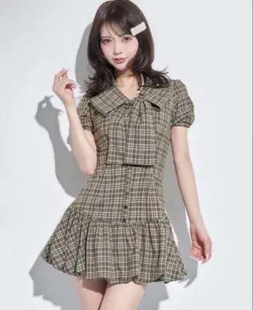 다리치 빅 리본 벌룬 체크 미니 원피스 FREE-L 사이즈