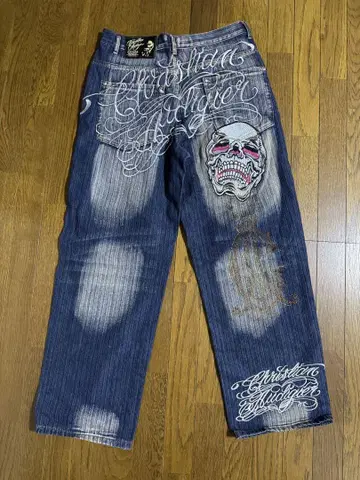Christian Audigier 스컬 자수 데님 팬츠
