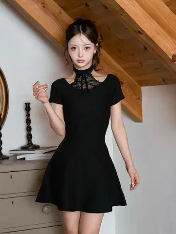 Darich 아메스리 레이스 플레어 니트 미니 원피스