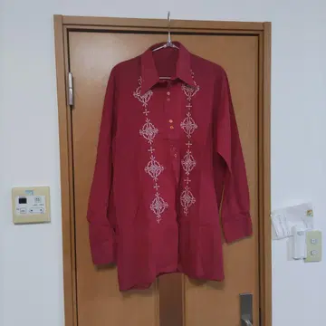 쿠바 셔츠 긴팔 빨간색 화이트 자수