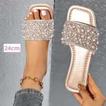 엘레강트 플랫 샌들, 펄 & 스톤 장식, 올 시즌 24cm 새상품