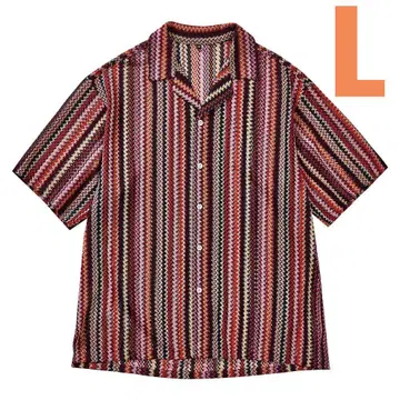 새상품 스트라이프 레이스 오픈 카라 반팔 셔츠 사이즈 L 오렌지