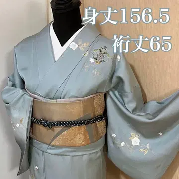 호몬기, 후쿠사, 이중 기모노, 순수 실크, 블루 그레이, 짙은 블루