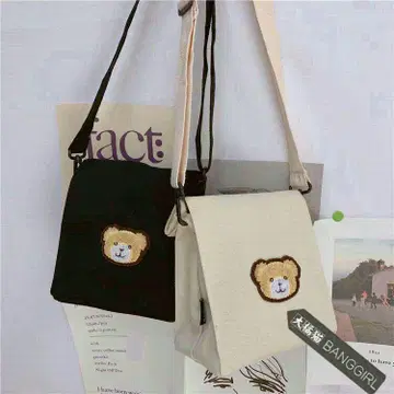 곰 자수 캔버스 숄더백