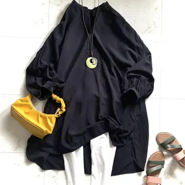 새상품급 모라비토 블랑 로고 가죽 패치 밴드 카라 셔츠 원피스 튜닉