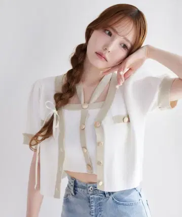 NICE CLAUP 배색 니트 가디건 셋업 가디건 화이트