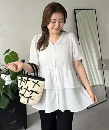 V넥 스트레치 티어드 블라우스 L
