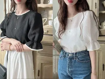 meiru 캔디 슬리브 배색 파이핑 블라우스 2색 세트