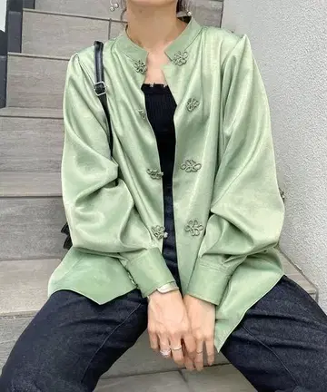 라이트 그린 새틴 셔츠 긴팔