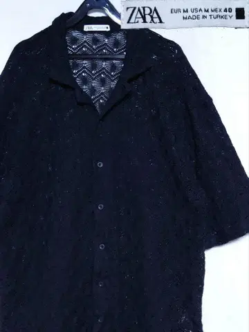 자라 텍스처 크로셰 뜨개질 시스루 시어 셔츠 오픈 카라 셔츠 블랙